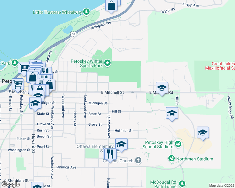 map of restaurants, bars, coffee shops, grocery stores, and more near 1020 E Mitchell St in Petoskey