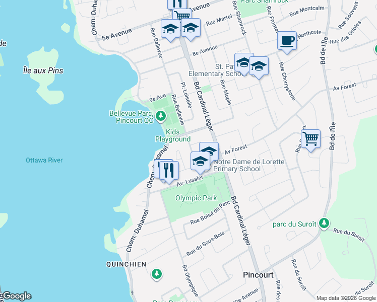 map of restaurants, bars, coffee shops, grocery stores, and more near 297 Rue Bellevue in Pincourt