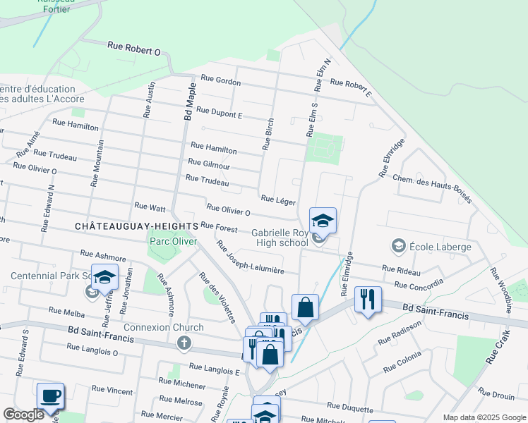 map of restaurants, bars, coffee shops, grocery stores, and more near 195 Rue Olivier Ouest in Châteauguay