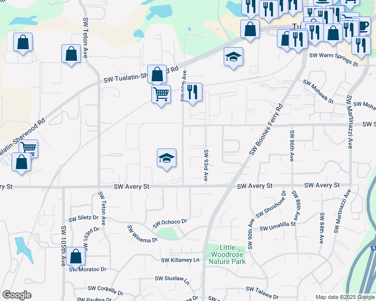map of restaurants, bars, coffee shops, grocery stores, and more near 9384 Southwest Umiat Street in Tualatin