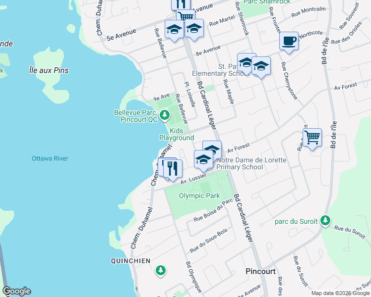 map of restaurants, bars, coffee shops, grocery stores, and more near 296 Place des Ormes in Pincourt