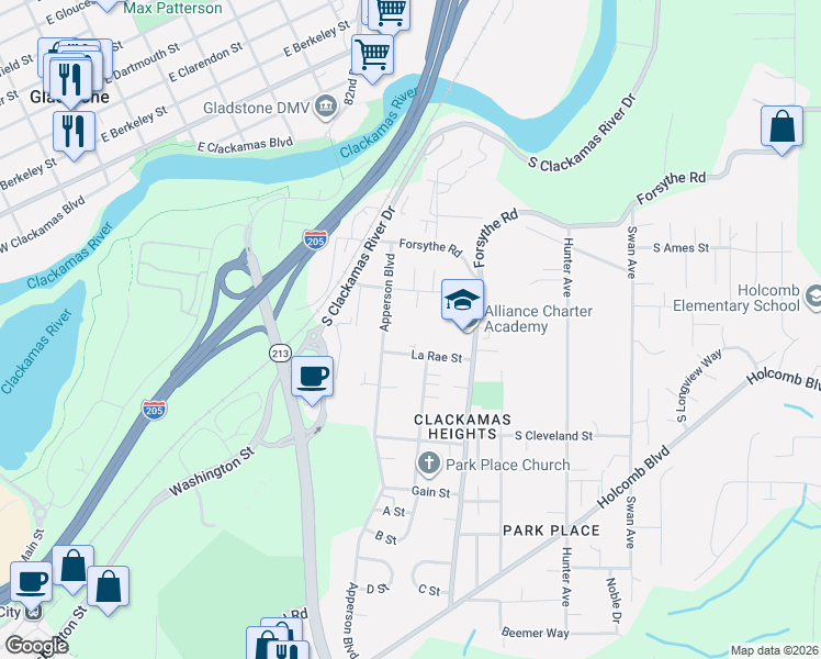 map of restaurants, bars, coffee shops, grocery stores, and more near 13913 La Rae Street in Oregon City