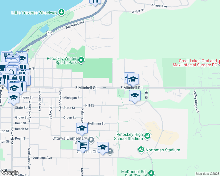 map of restaurants, bars, coffee shops, grocery stores, and more near 1124 East Mitchell Street in Petoskey
