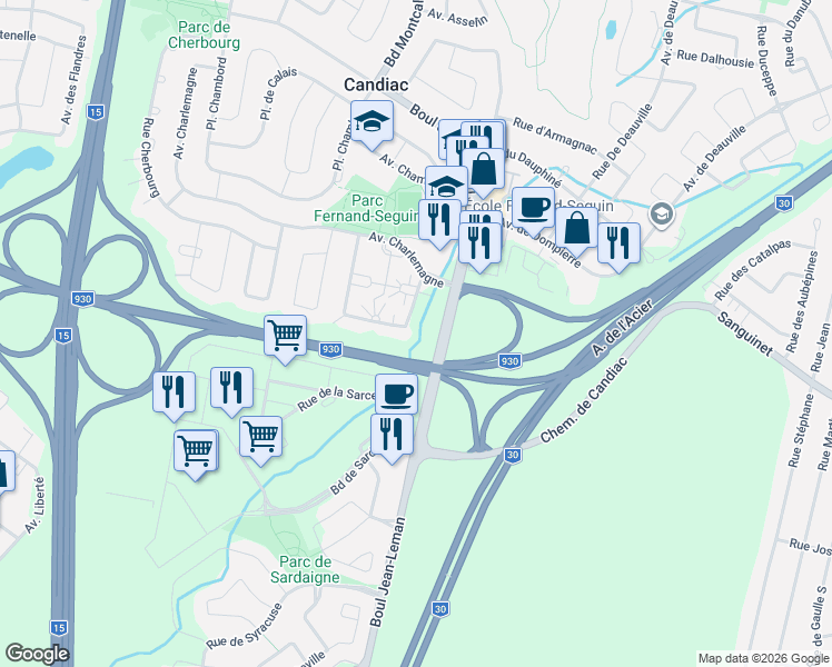 map of restaurants, bars, coffee shops, grocery stores, and more near 102 Rue de Chantilly in Candiac
