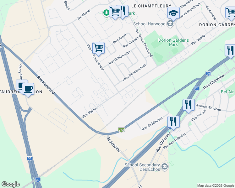 map of restaurants, bars, coffee shops, grocery stores, and more near 840 Rue Valois in Vaudreuil-Dorion