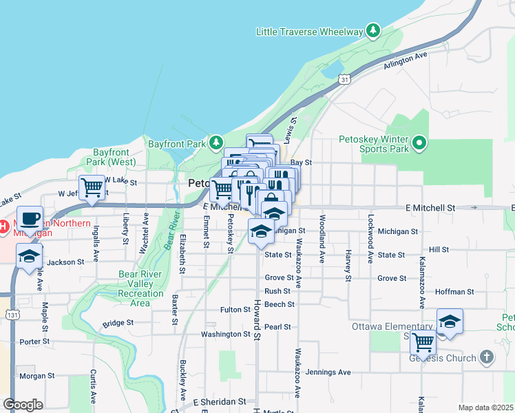 map of restaurants, bars, coffee shops, grocery stores, and more near in Petoskey
