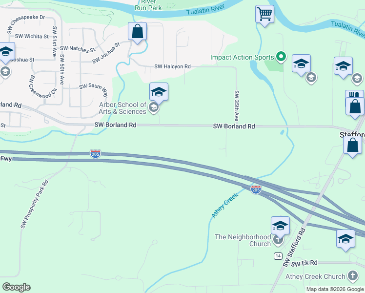 map of restaurants, bars, coffee shops, grocery stores, and more near 3990 Southwest Borland Road in Tualatin