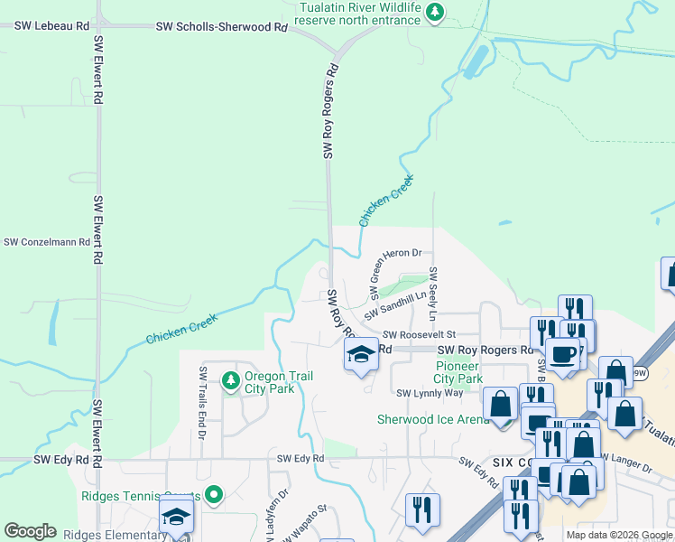 map of restaurants, bars, coffee shops, grocery stores, and more near 17451 Southwest Roosevelt Street in Sherwood