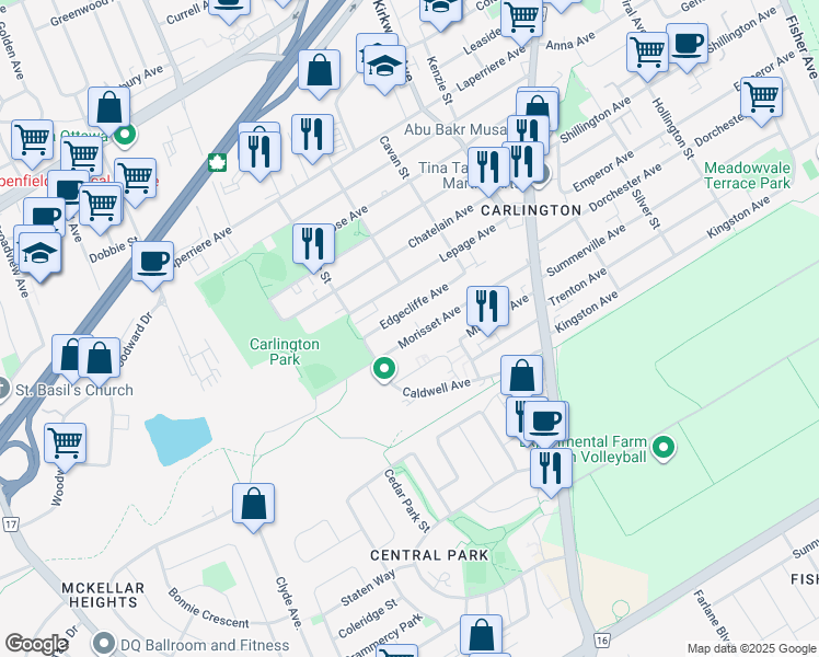 map of restaurants, bars, coffee shops, grocery stores, and more near 1498 Morisset Avenue in Ottawa