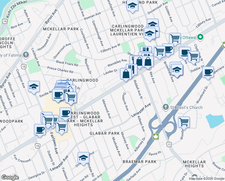 map of restaurants, bars, coffee shops, grocery stores, and more near 1655 Carling Avenue in Ottawa
