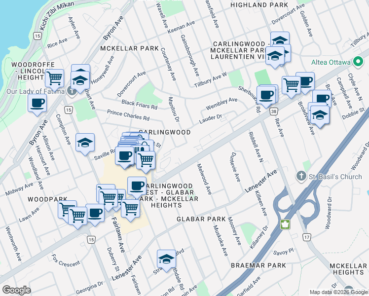 map of restaurants, bars, coffee shops, grocery stores, and more near 1958 Neepawa Avenue in Ottawa