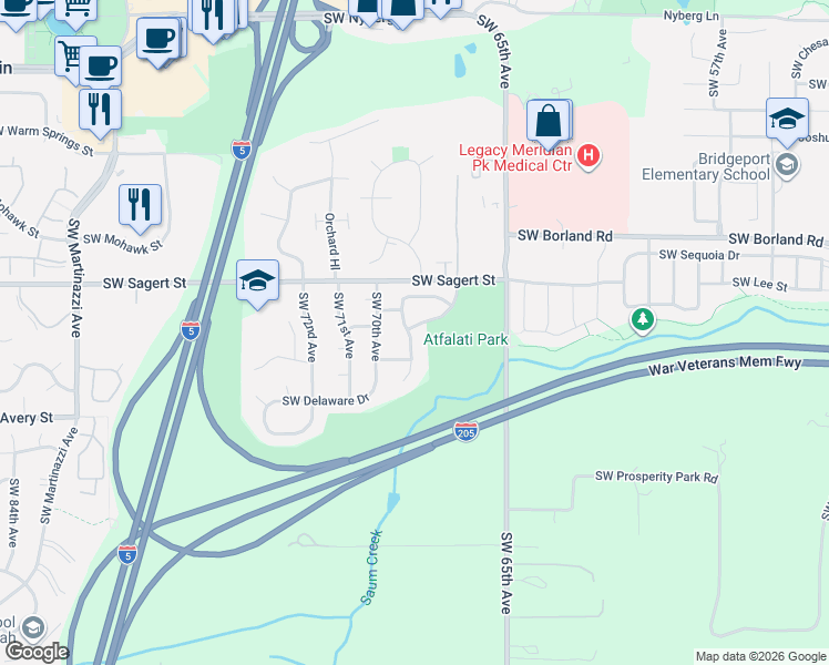 map of restaurants, bars, coffee shops, grocery stores, and more near 20244 Southwest 69th Street in Tualatin