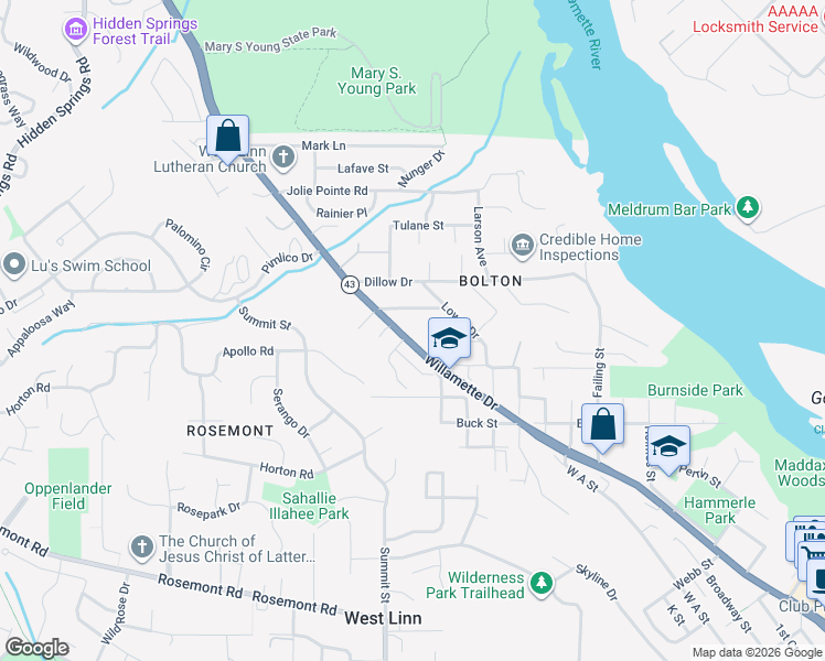 map of restaurants, bars, coffee shops, grocery stores, and more near 20930 Willamette Drive in West Linn