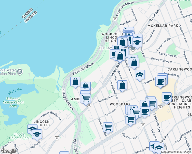 map of restaurants, bars, coffee shops, grocery stores, and more near 1071 Ambleside Drive in Ottawa