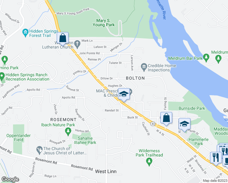 map of restaurants, bars, coffee shops, grocery stores, and more near 20930 Willamette Drive in West Linn