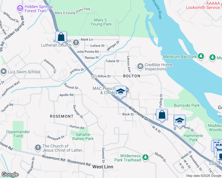 map of restaurants, bars, coffee shops, grocery stores, and more near 20910 Fawn Court in West Linn