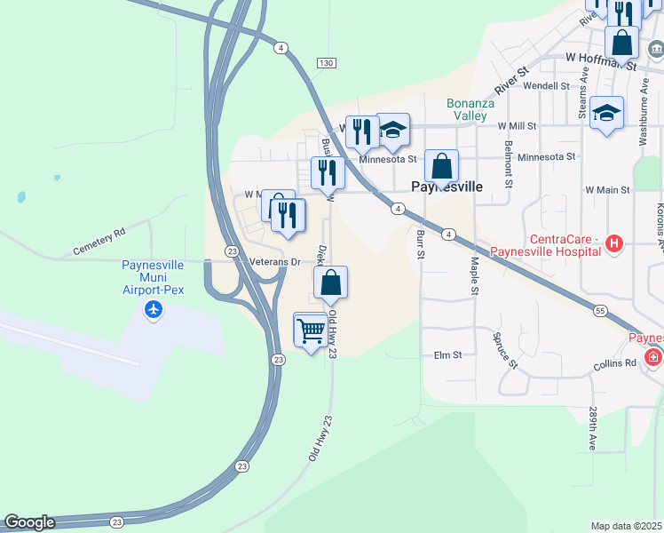 map of restaurants, bars, coffee shops, grocery stores, and more near 795 Old Highway 23 in Paynesville