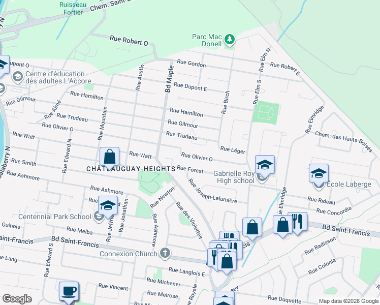 map of restaurants, bars, coffee shops, grocery stores, and more near 171 Rue Olivier Ouest in Châteauguay