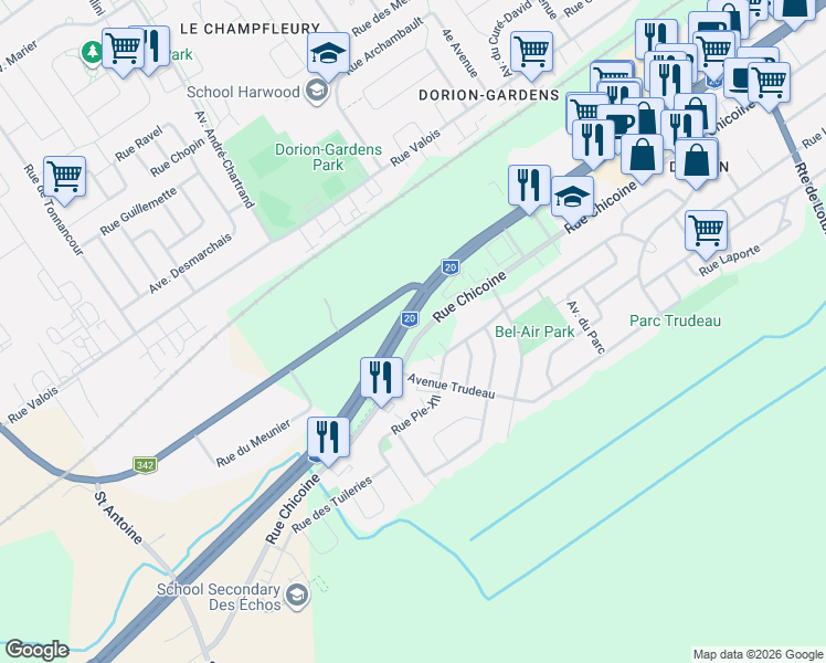 map of restaurants, bars, coffee shops, grocery stores, and more near 625 Rue Chicoine in Vaudreuil-Dorion