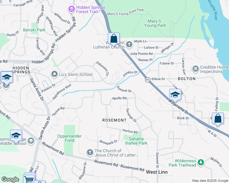 map of restaurants, bars, coffee shops, grocery stores, and more near 6765 Apollo Road in West Linn