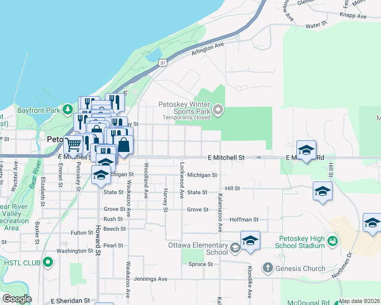 map of restaurants, bars, coffee shops, grocery stores, and more near 802 East Mitchell Street in Petoskey