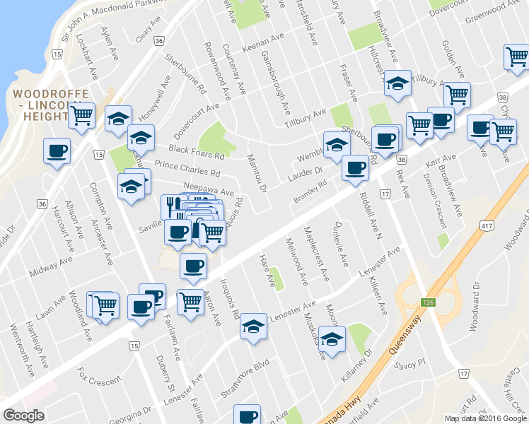 map of restaurants, bars, coffee shops, grocery stores, and more near 1958 Neepawa Avenue in Ottawa