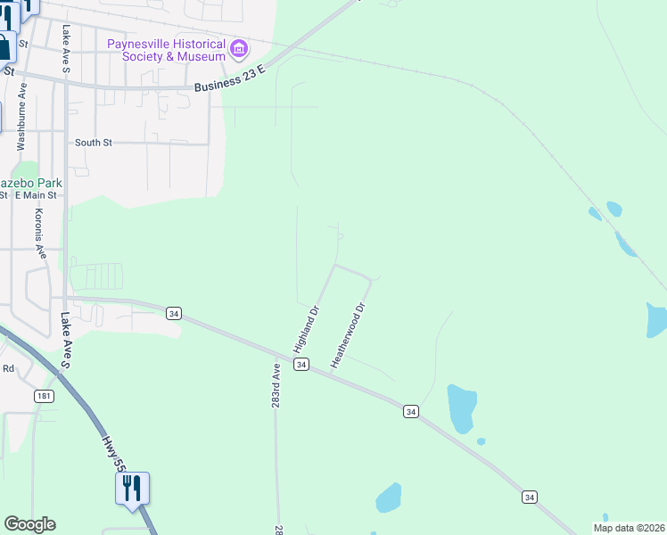 map of restaurants, bars, coffee shops, grocery stores, and more near 17268 Highland Drive in Paynesville