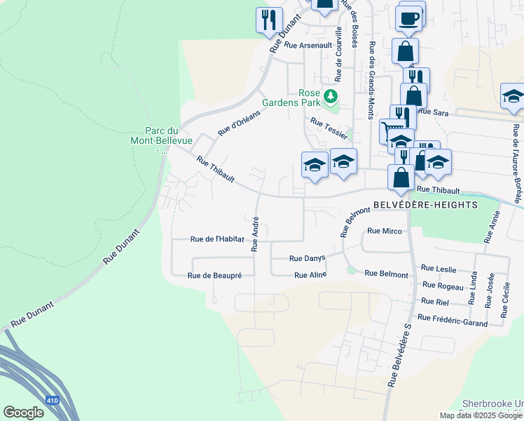 map of restaurants, bars, coffee shops, grocery stores, and more near 944 Rue Thibault in Sherbrooke
