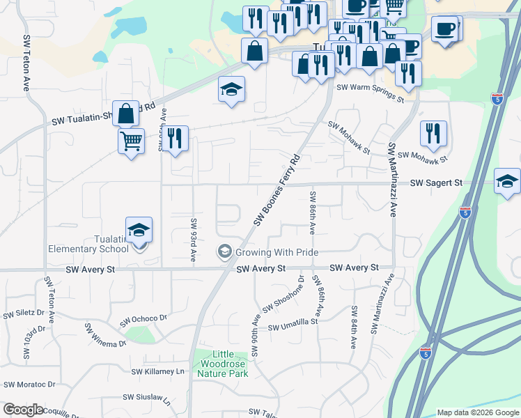 map of restaurants, bars, coffee shops, grocery stores, and more near 8970 Southwest Sagert Street in Tualatin