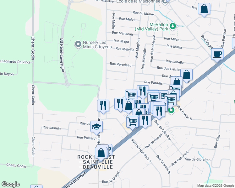 map of restaurants, bars, coffee shops, grocery stores, and more near 4784 Rue Paul-Le Prohon in Sherbrooke