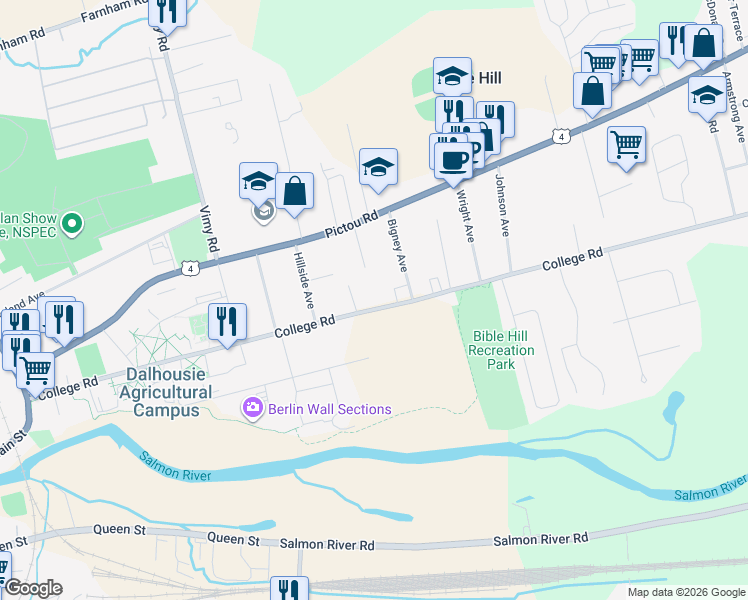 map of restaurants, bars, coffee shops, grocery stores, and more near 295 College Road in Bible Hill