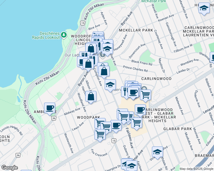 map of restaurants, bars, coffee shops, grocery stores, and more near 210 Woodroffe Avenue in Ottawa