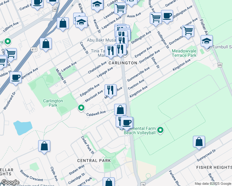 map of restaurants, bars, coffee shops, grocery stores, and more near 1396 Mayview Avenue in Ottawa
