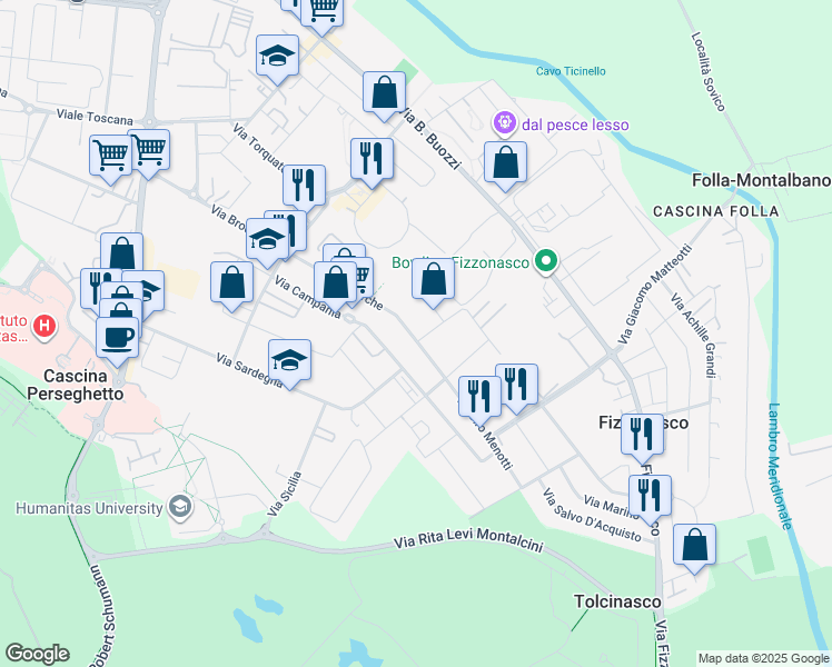 map of restaurants, bars, coffee shops, grocery stores, and more near 15 Via Privata Friuli in Pieve Emanuele