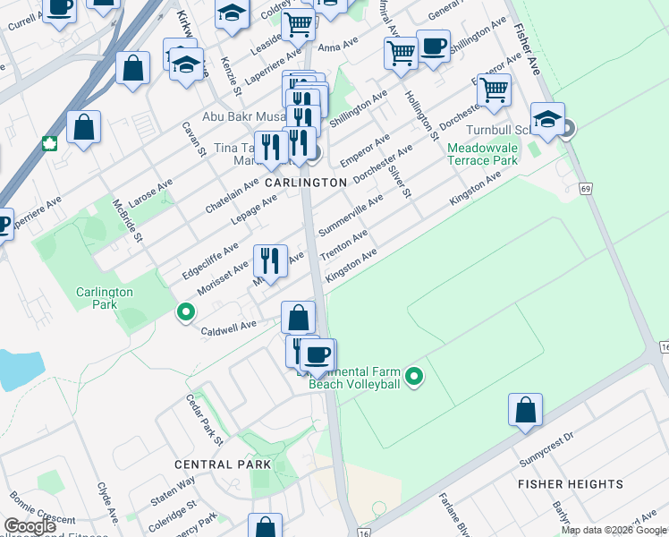map of restaurants, bars, coffee shops, grocery stores, and more near 1377 Kingston Avenue in Ottawa