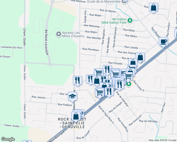 map of restaurants, bars, coffee shops, grocery stores, and more near 4784 Rue Paul-Le Prohon in Sherbrooke