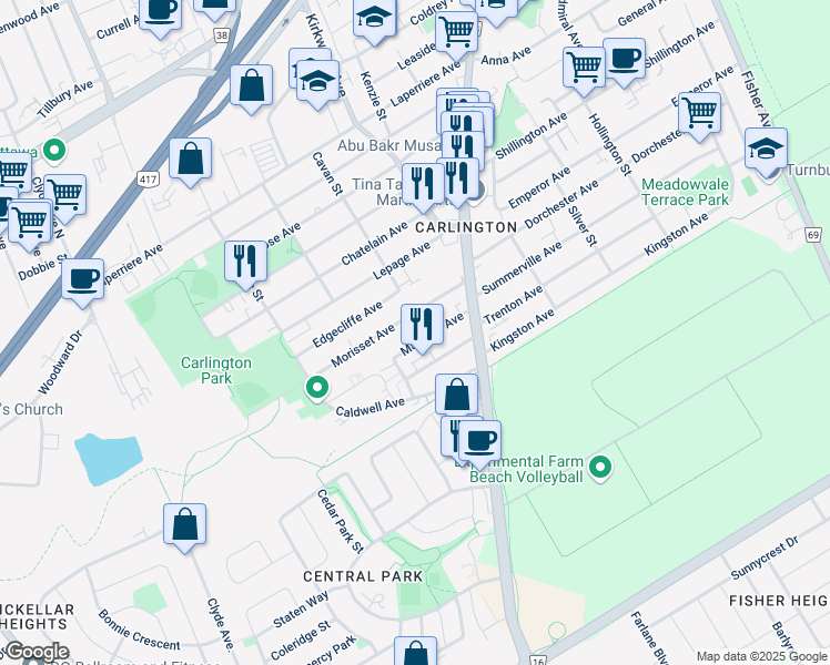 map of restaurants, bars, coffee shops, grocery stores, and more near in Ottawa
