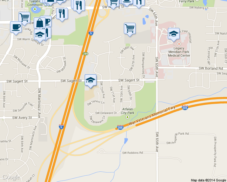 map of restaurants, bars, coffee shops, grocery stores, and more near 20130 Southwest 71st Avenue in Tualatin