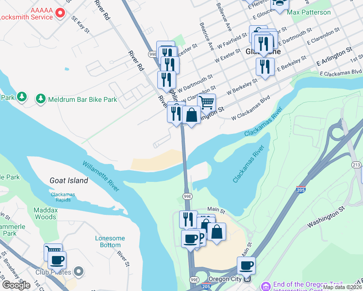 map of restaurants, bars, coffee shops, grocery stores, and more near 20115 McLoughlin Boulevard in Gladstone
