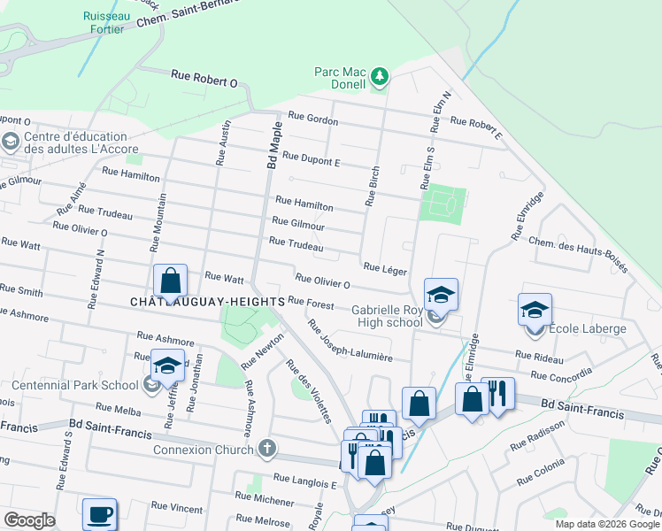 map of restaurants, bars, coffee shops, grocery stores, and more near 174 Rue Trudeau in Châteauguay