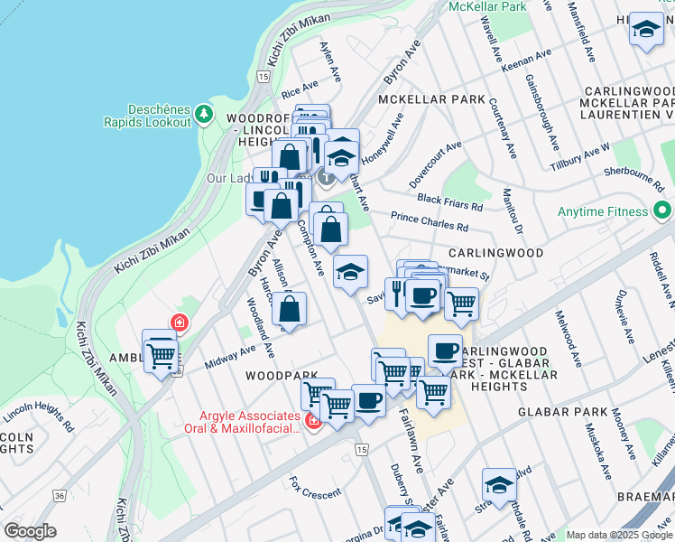 map of restaurants, bars, coffee shops, grocery stores, and more near 224 Woodroffe Avenue in Ottawa