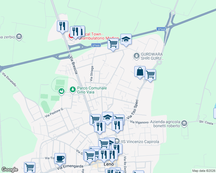 map of restaurants, bars, coffee shops, grocery stores, and more near 27 Via Striaga in Leno