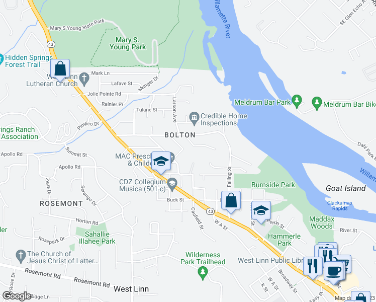 map of restaurants, bars, coffee shops, grocery stores, and more near 6547 Beam Street in West Linn