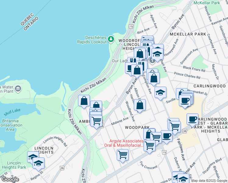 map of restaurants, bars, coffee shops, grocery stores, and more near 118 New Orchard Avenue North in Ottawa