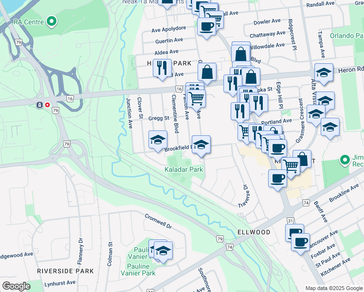 map of restaurants, bars, coffee shops, grocery stores, and more near 2470 Kaladar Avenue in Ottawa