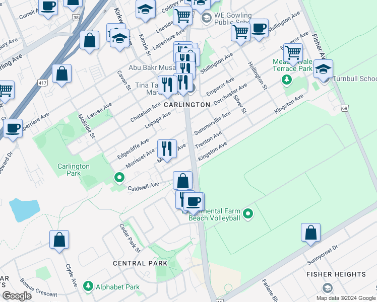 map of restaurants, bars, coffee shops, grocery stores, and more near 373 Mayview Avenue in Ottawa