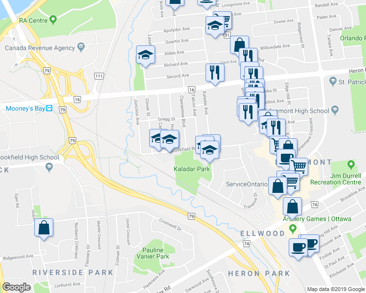 map of restaurants, bars, coffee shops, grocery stores, and more near 2502 Clementine Boulevard in Ottawa