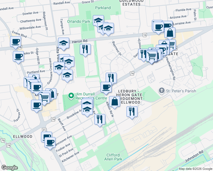 map of restaurants, bars, coffee shops, grocery stores, and more near 2886 Cedarwood Drive in Ottawa