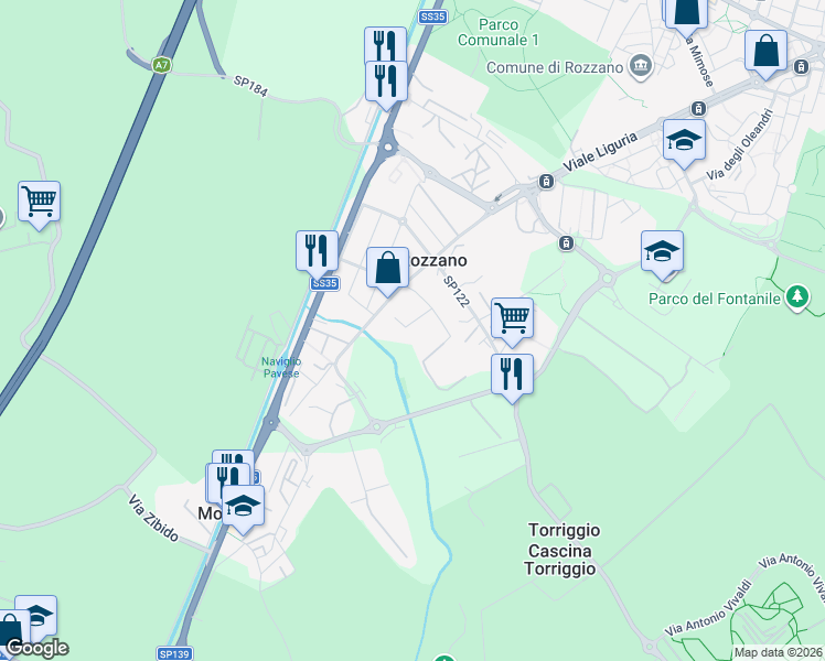 map of restaurants, bars, coffee shops, grocery stores, and more near 2 Via Carlo Pisacane in Rozzano