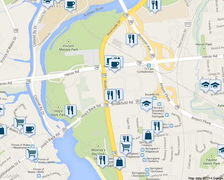 map of restaurants, bars, coffee shops, grocery stores, and more near in Ottawa